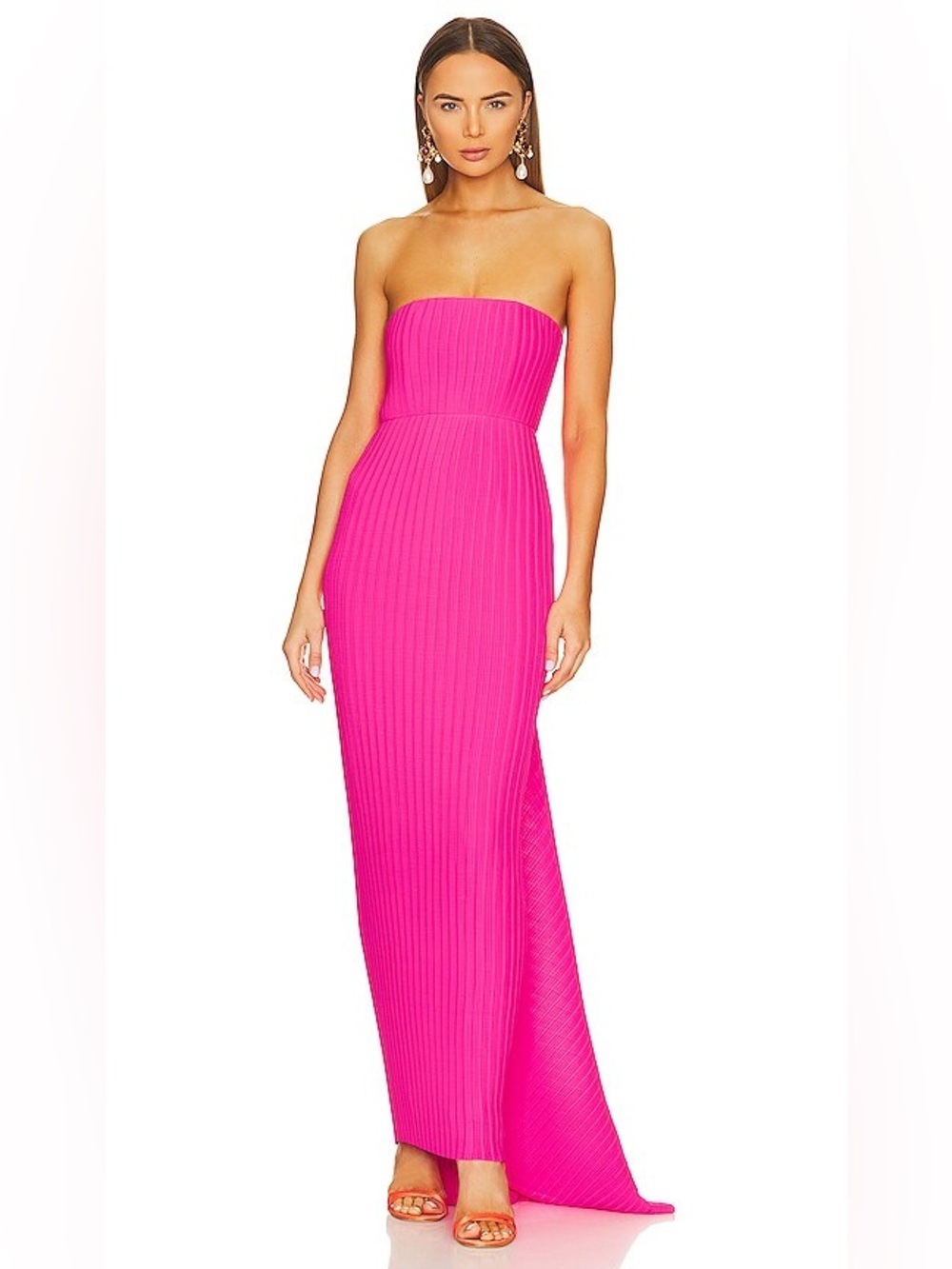 SOLACE LONDON Harlee Hot Pink Strapless Pleated Maxi Dress Size 8 Designer Gown